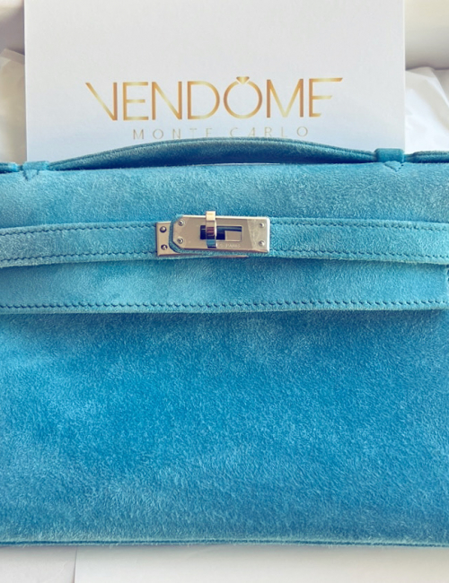 Hermes Kelly Pochette Bleu Atoll Doblis Palladium Hardware