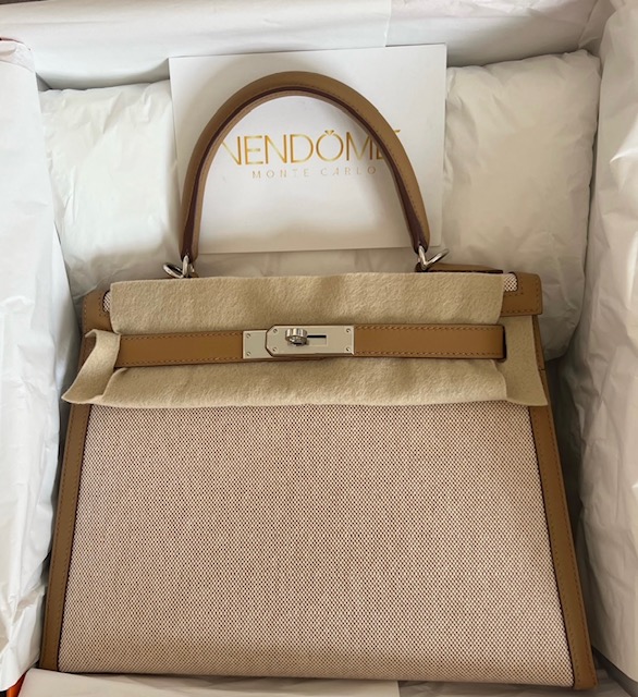 Hermes Kelly 28 Sellier Natural Barenia Palladium Hardware #C