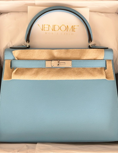 Hermes Kelly 28 Celeste Epsom Palladium Hardware