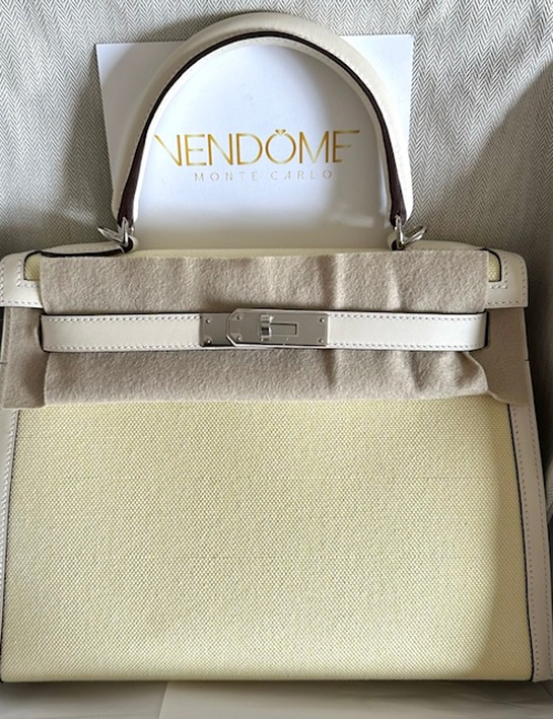 Hermes Kelly 28 Ecru/Jaune Citron Toile Palladium Hardware