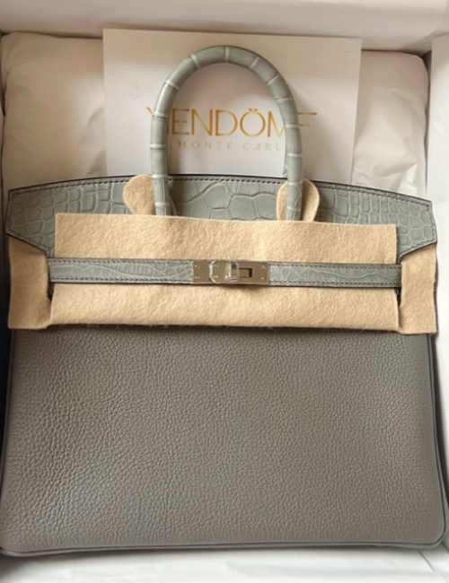 Hermes Birkin 25 Touch Gris Meyer/Ciment Togo/Alligator Mat Palladium Hardware