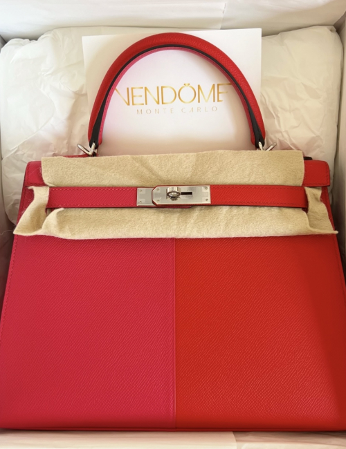 Hermes Kelly 28 Casaque Rouge de Coeur/Extreme/Zanzibar Epsom Palladium Hardware