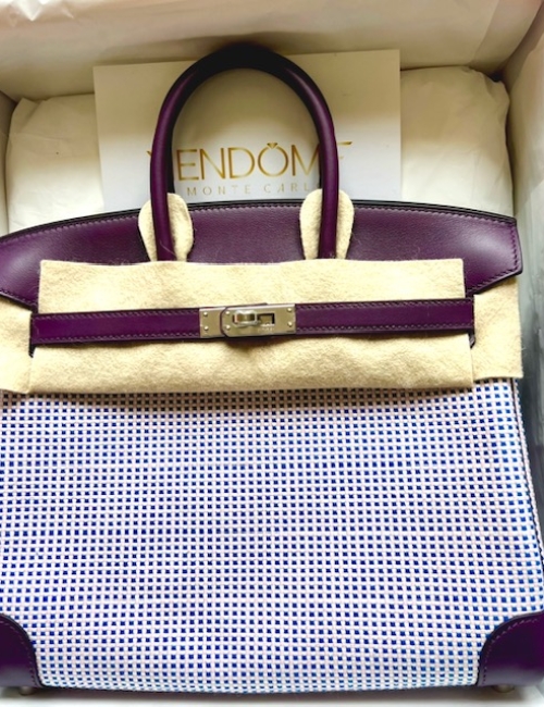 Hermes Birkin 25 Quadrille Ecru/ Mauve/Cassis Palladium Hardware