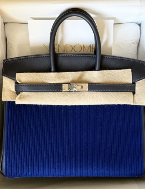 Hermes Birkin 25 Cote a Cote Tuffetage Saphire Palladium Hardware