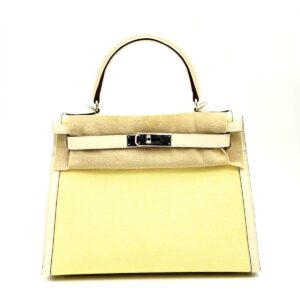 Hermes Kelly 28 Toile H Jaune Citron/Ecru Palladium Hardware