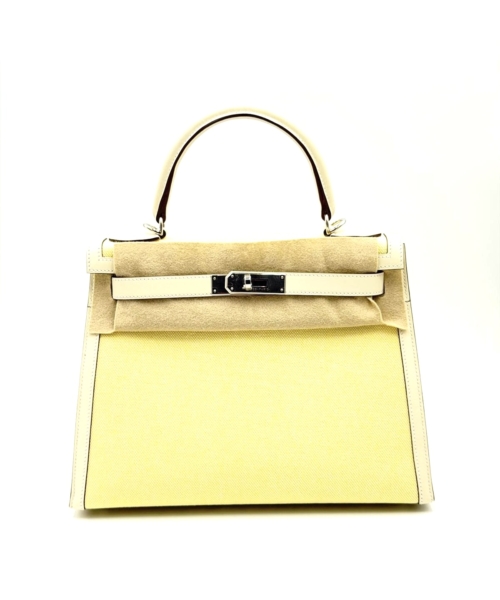 Hermes Kelly 28 Toile H Jaune Citron/Ecru Palladium Hardware