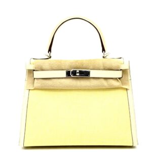 Hermes Kelly 28 Toile H Jaune Citron/Ecru Palladium Hardware