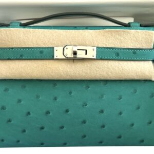 Hermes Kelly Pochette Vert Verone Ostrich Palladium Hardware