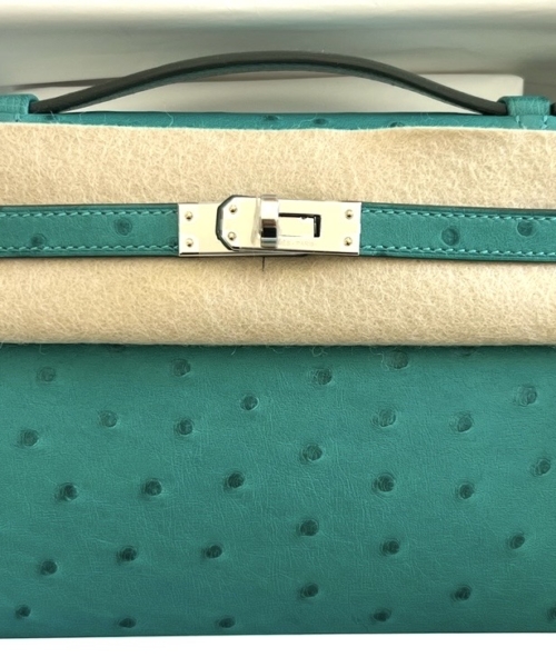 Hermes Kelly Pochette Vert Verone Ostrich Palladium Hardware